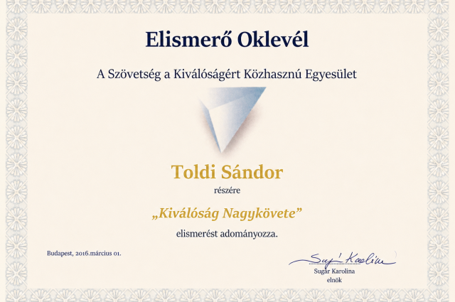 „Kiválóság Nagykövete” elismerő oklevél